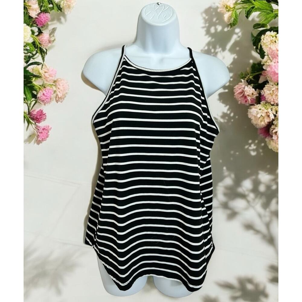 LouKeith Black White Striped Tank Top Sz Large High Neck Round Hem Blouse